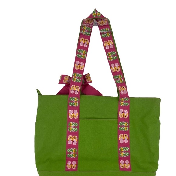 Super cute preppy green & pink flip flop print canvas tote bag with bow - Picture 2 of 10